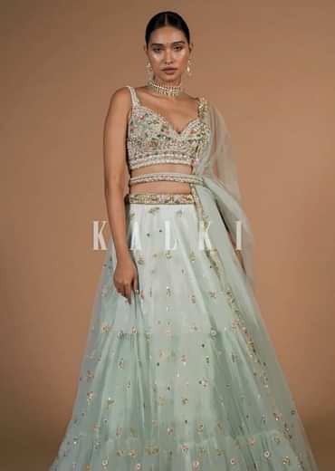 Mint Lehenga And A Crop Top Set Crafted In Net With Sequins And Resham Work