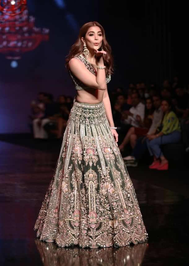 Palace Green Lehenga Choli In Velvet With Multi Colored Hand Embroidered Heritage Kalis With Hints Of Flowers