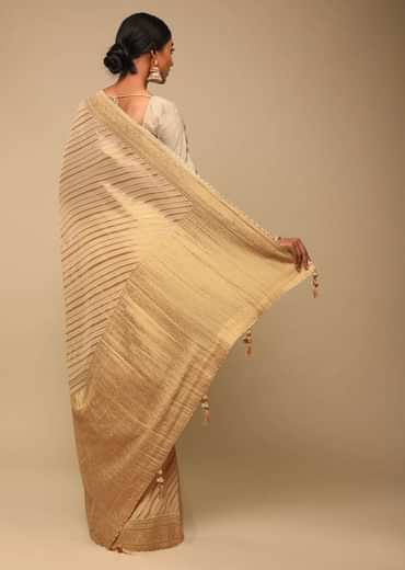 Gold Saree In Georgette With Woven Diagonal Stripes, Floral Pallu And Unstitched Blouse