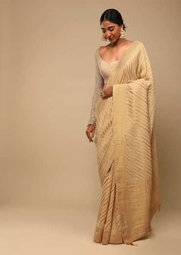 Gold Saree In Georgette With Woven Diagonal Stripes, Floral Pallu And Unstitched Blouse