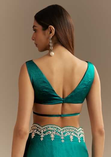 Teal Green Satin Saree With Zardosi Moti Embroidery And Scallop Border