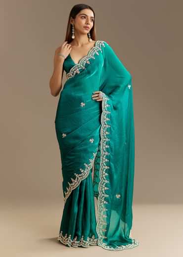 Teal Green Satin Saree With Zardosi Moti Embroidery And Scallop Border
