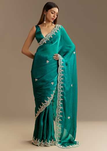 Teal Green Satin Saree With Zardosi Moti Embroidery And Scallop Border