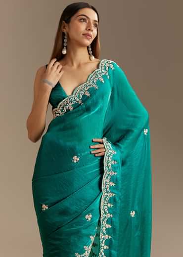 Teal Green Satin Saree With Zardosi Moti Embroidery And Scallop Border