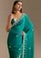 Teal Green Satin Saree With Zardosi Moti Embroidery And Scallop Border