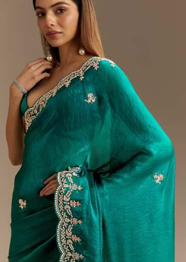 Teal Green Satin Saree With Zardosi Moti Embroidery And Scallop Border
