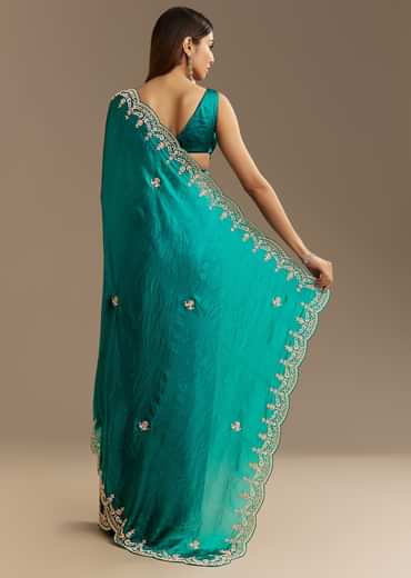 Teal Green Satin Saree With Zardosi Moti Embroidery And Scallop Border