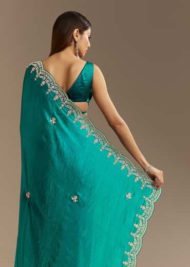 Teal Green Satin Saree With Zardosi Moti Embroidery And Scallop Border