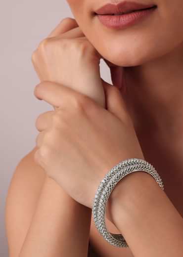 92.5 Sterling Silver Bangles With White Zirconia Set of 2