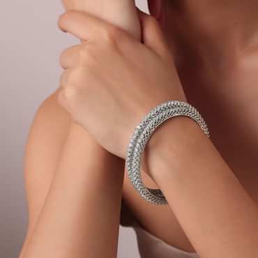 92.5 Sterling Silver Bangles With White Zirconia Set of 2