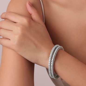 92.5 Sterling Silver Bangles With Studded Zirconia Stones Set of 2