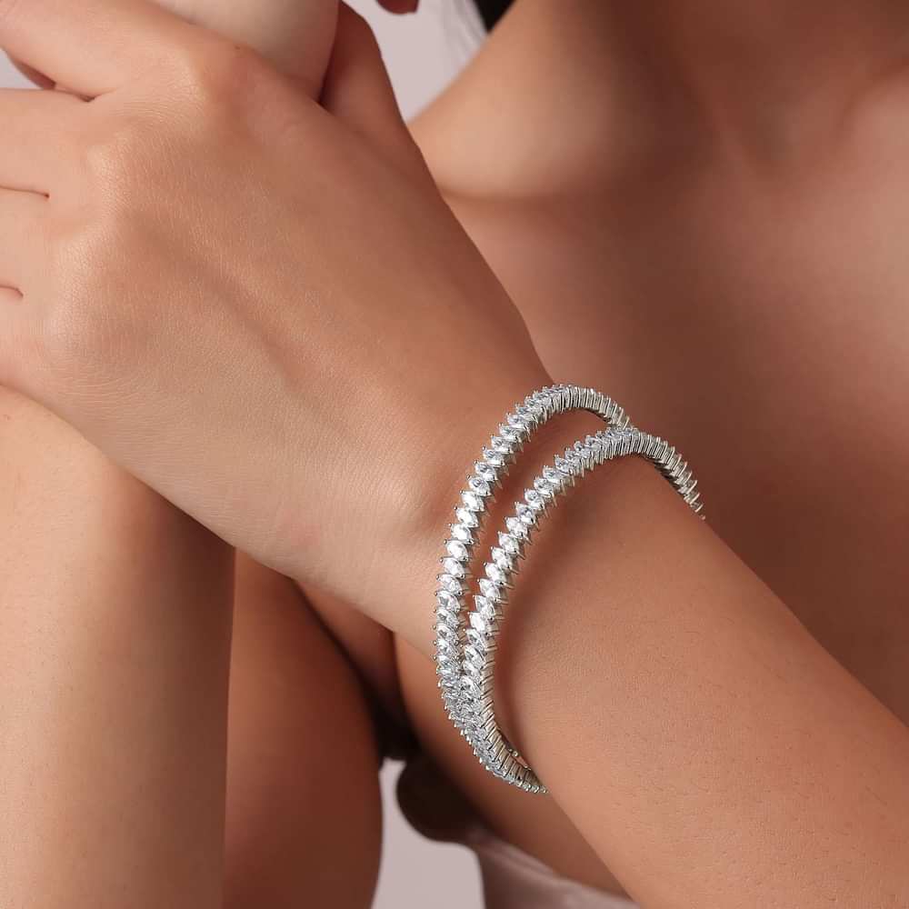 92.5 Sterling Silver White Zirconia Bangles Set of 2