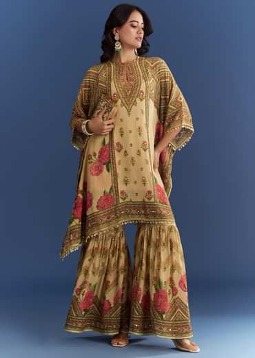Beige Crush Tissue Floral Printed Kaftaan Sharara With Mirror Sequins Work
