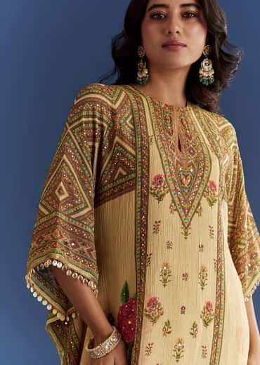 Beige Crush Tissue Floral Printed Kaftaan Sharara With Mirror Sequins Work
