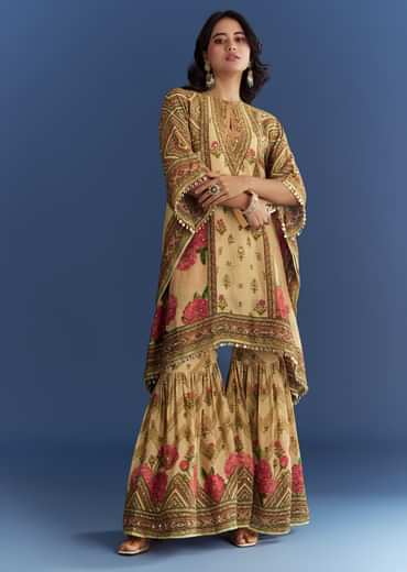 Beige Crush Tissue Floral Printed Kaftaan Sharara With Mirror Sequins Work