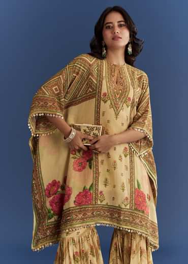 Beige Crush Tissue Floral Printed Kaftaan Sharara With Mirror Sequins Work
