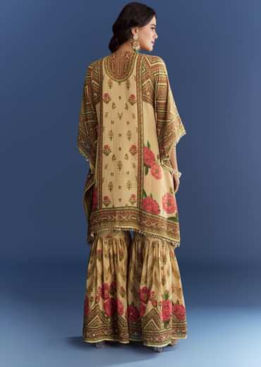 Beige Crush Tissue Floral Printed Kaftaan Sharara With Mirror Sequins Work