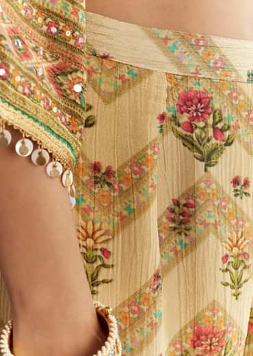 Beige Crush Tissue Floral Printed Kaftaan Sharara With Mirror Sequins Work