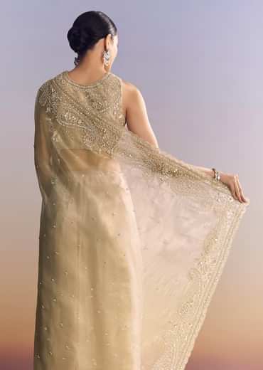 Beige Crush Tissue Saree With Multitech Embroidery