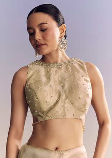 Beige Crush Tissue Saree With Multitech Embroidery