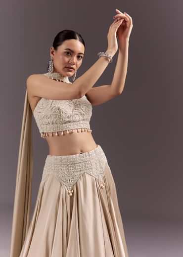 Beige Frill Skirt And Embroidered Blouse Set With Choker Dupatta