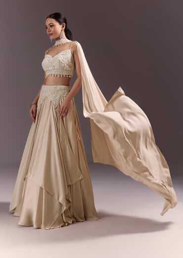 Beige Frill Skirt And Embroidered Blouse Set With Choker Dupatta
