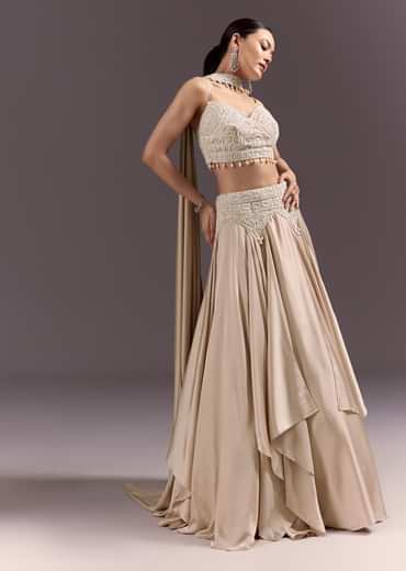 Beige Frill Skirt And Embroidered Blouse Set With Choker Dupatta