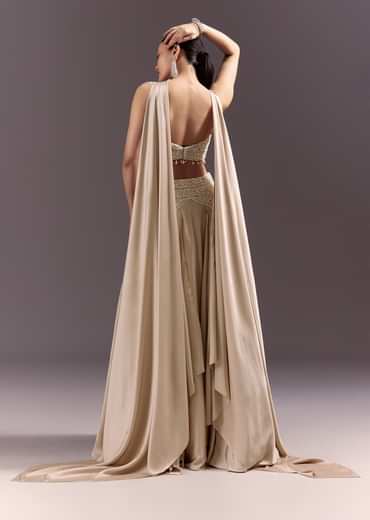 Beige Frill Skirt And Embroidered Blouse Set With Choker Dupatta