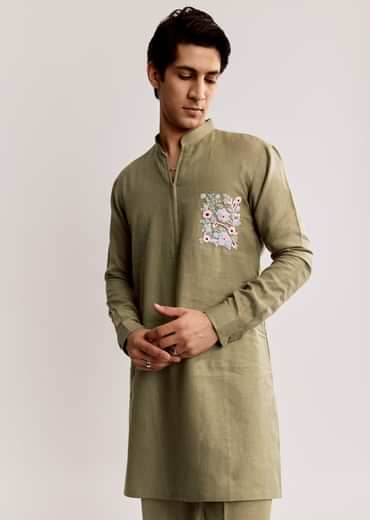 Beige Linen Kurta Set With Embroidery