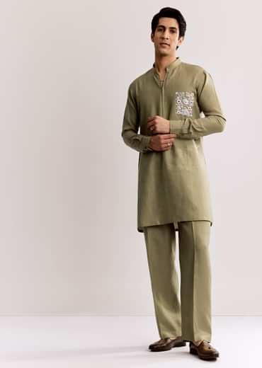 Beige Linen Kurta Set With Embroidery