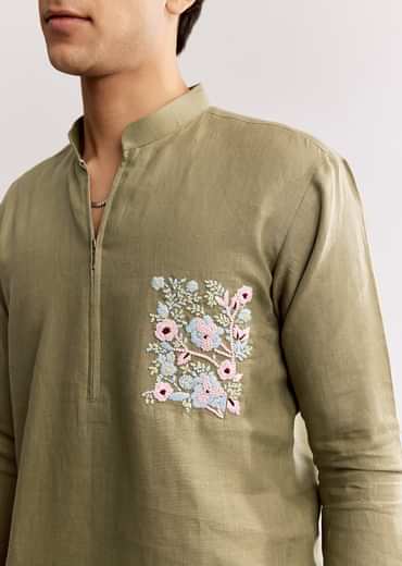 Beige Linen Kurta Set With Embroidery