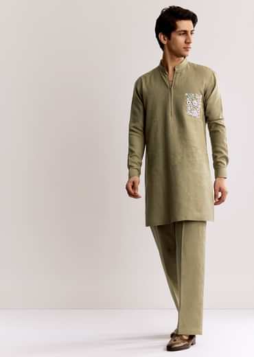 Beige Linen Kurta Set With Embroidery