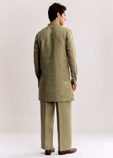 Beige Linen Kurta Set With Embroidery