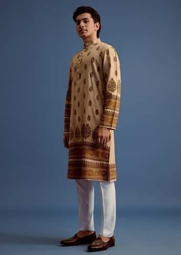 Beige Hand Block Printed Kurta Set