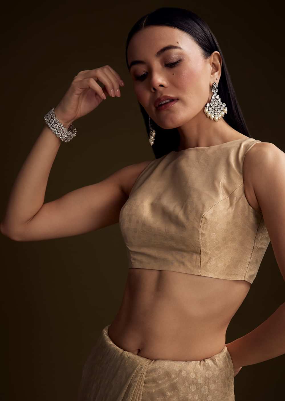 Beige Jacquard Saree With Sequin And Stone Embroidery