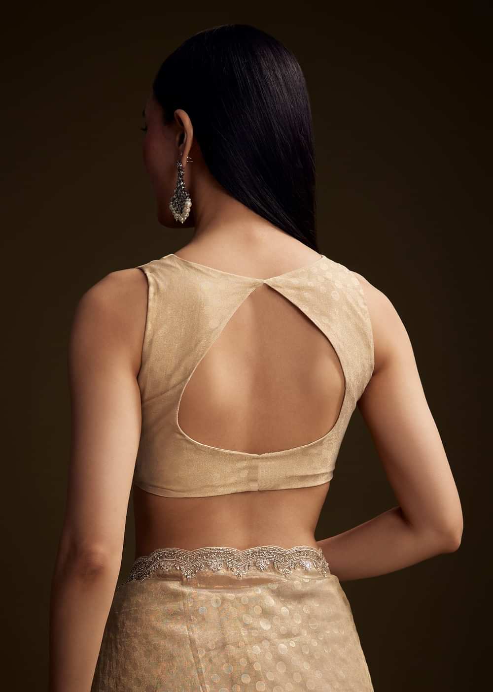 Beige Jacquard Saree With Sequin And Stone Embroidery