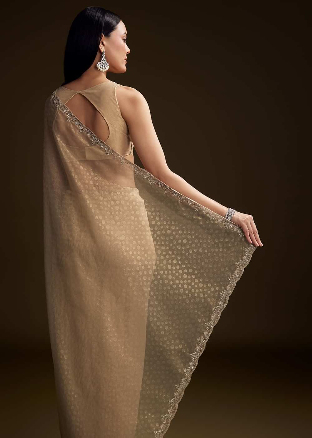 Beige Jacquard Saree With Sequin And Stone Embroidery