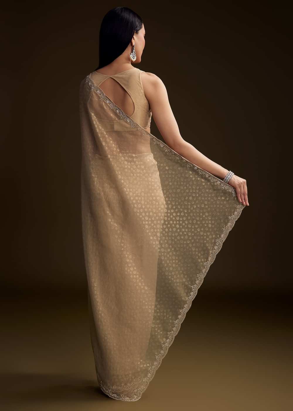 Beige Jacquard Saree With Sequin And Stone Embroidery