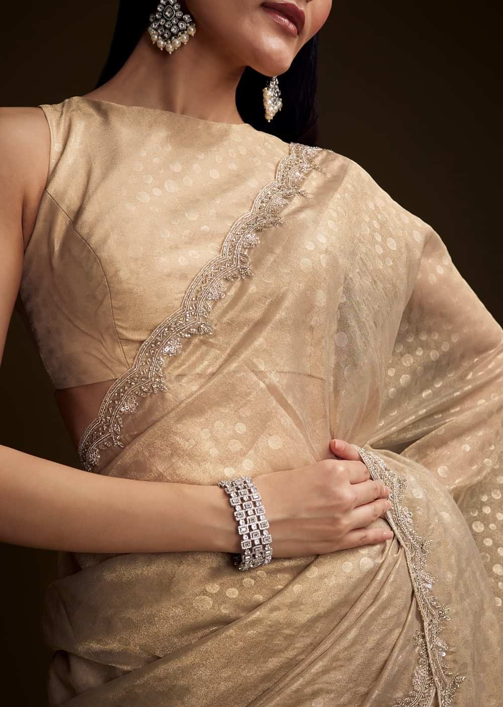 Beige Jacquard Saree With Sequin And Stone Embroidery
