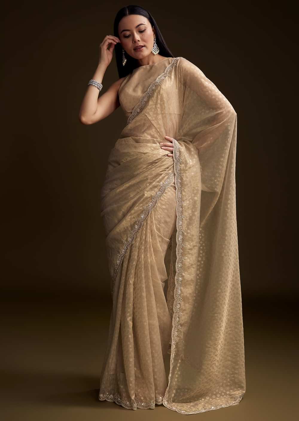 Beige Jacquard Saree With Sequin And Stone Embroidery