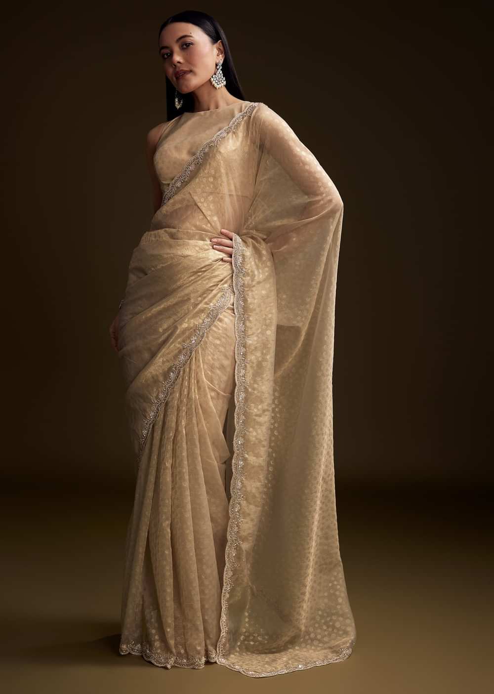 Beige Jacquard Saree With Sequin And Stone Embroidery