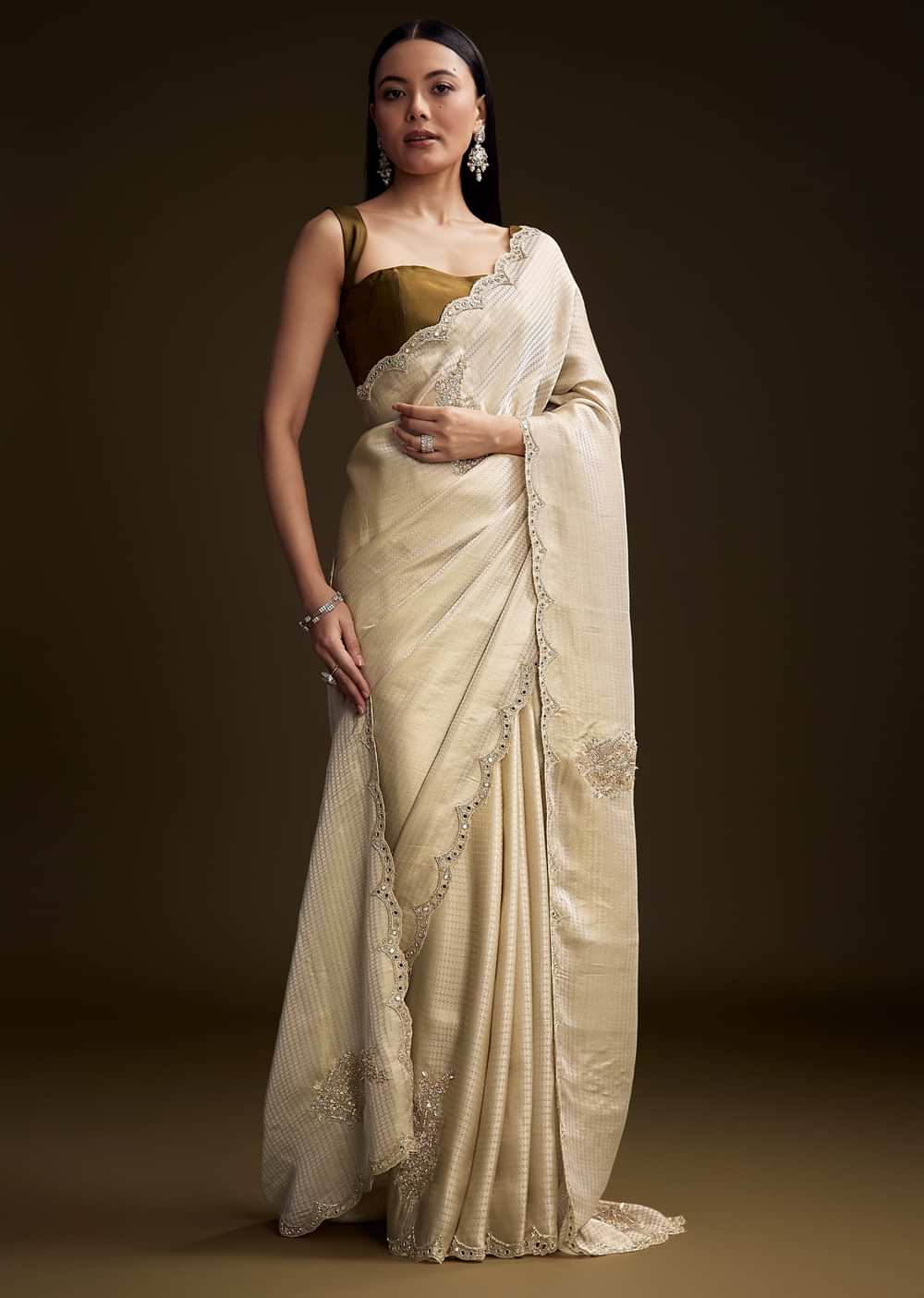 Beige Jacquard Saree With Zardosi And Mirror Embroidery