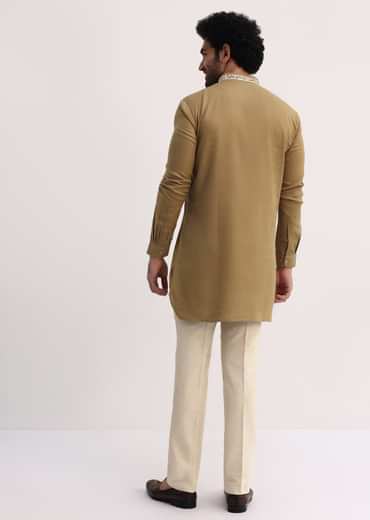 Beige Resham Work Kurta Set For Men
