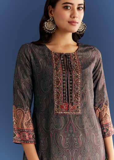 Black Satin Paisley Print Kurta Sharara With Cut Dana Embroidery