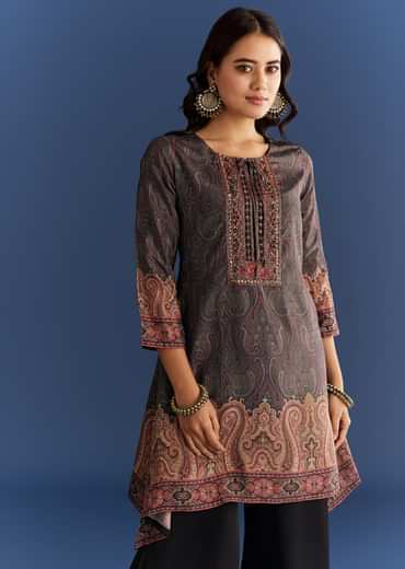 Black Satin Paisley Print Kurta Sharara With Cut Dana Embroidery