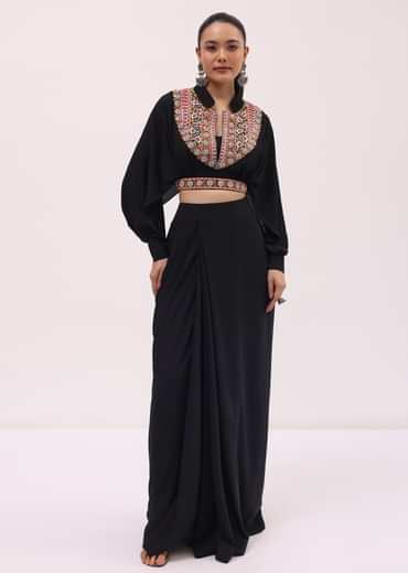 Black Crepe Crop Top And Skirt In Resham Work