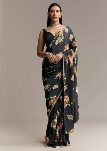 Black Crepe Saree With Floral Digital Print And Embroidered Border
