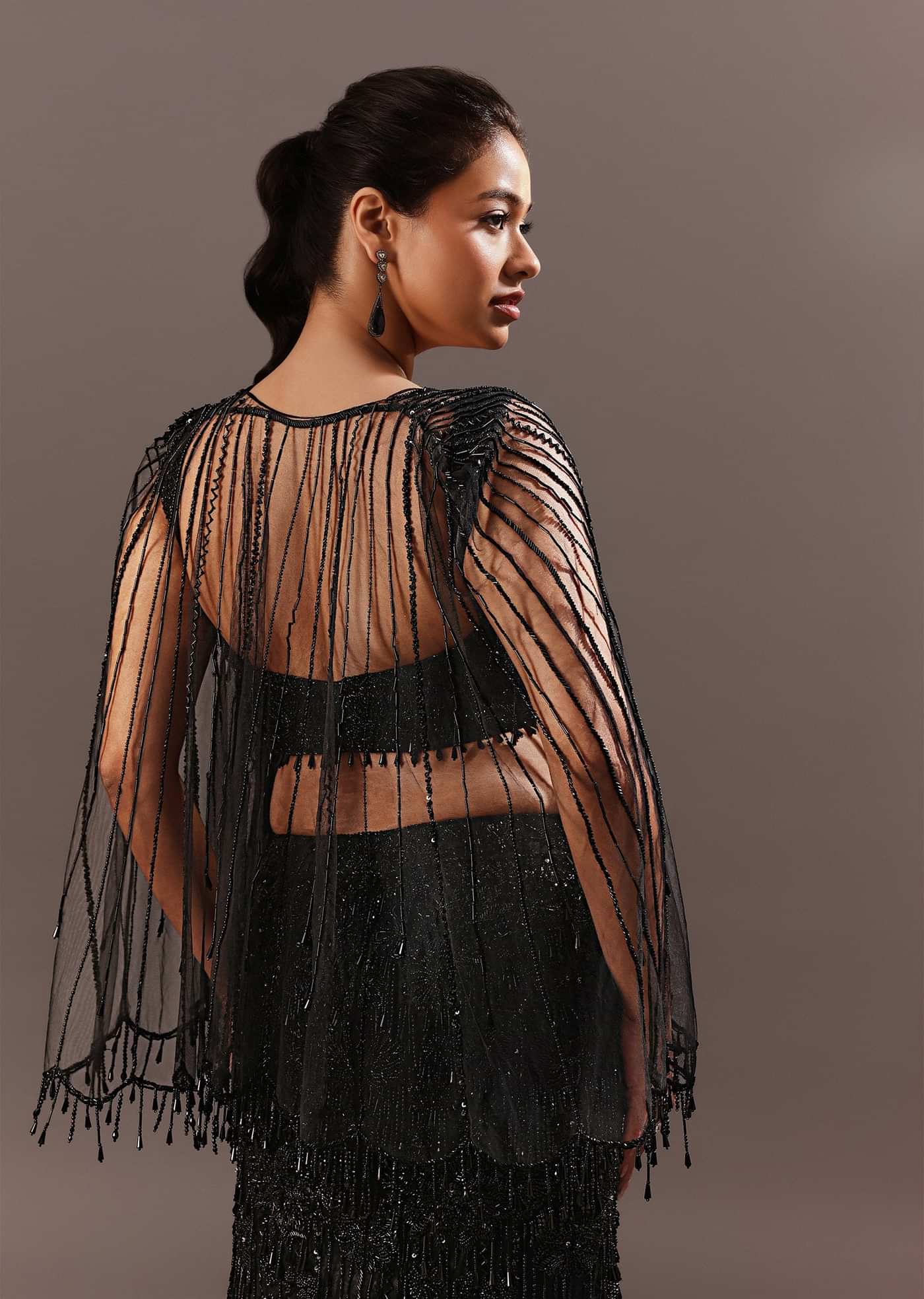 Black Embroidery Fish Cut Lehenga With Embroidered Blouse And Cape