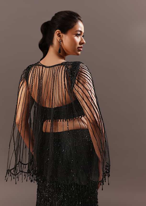 Black Embroidery Fish Cut Lehenga With Embroidered Blouse And Cape