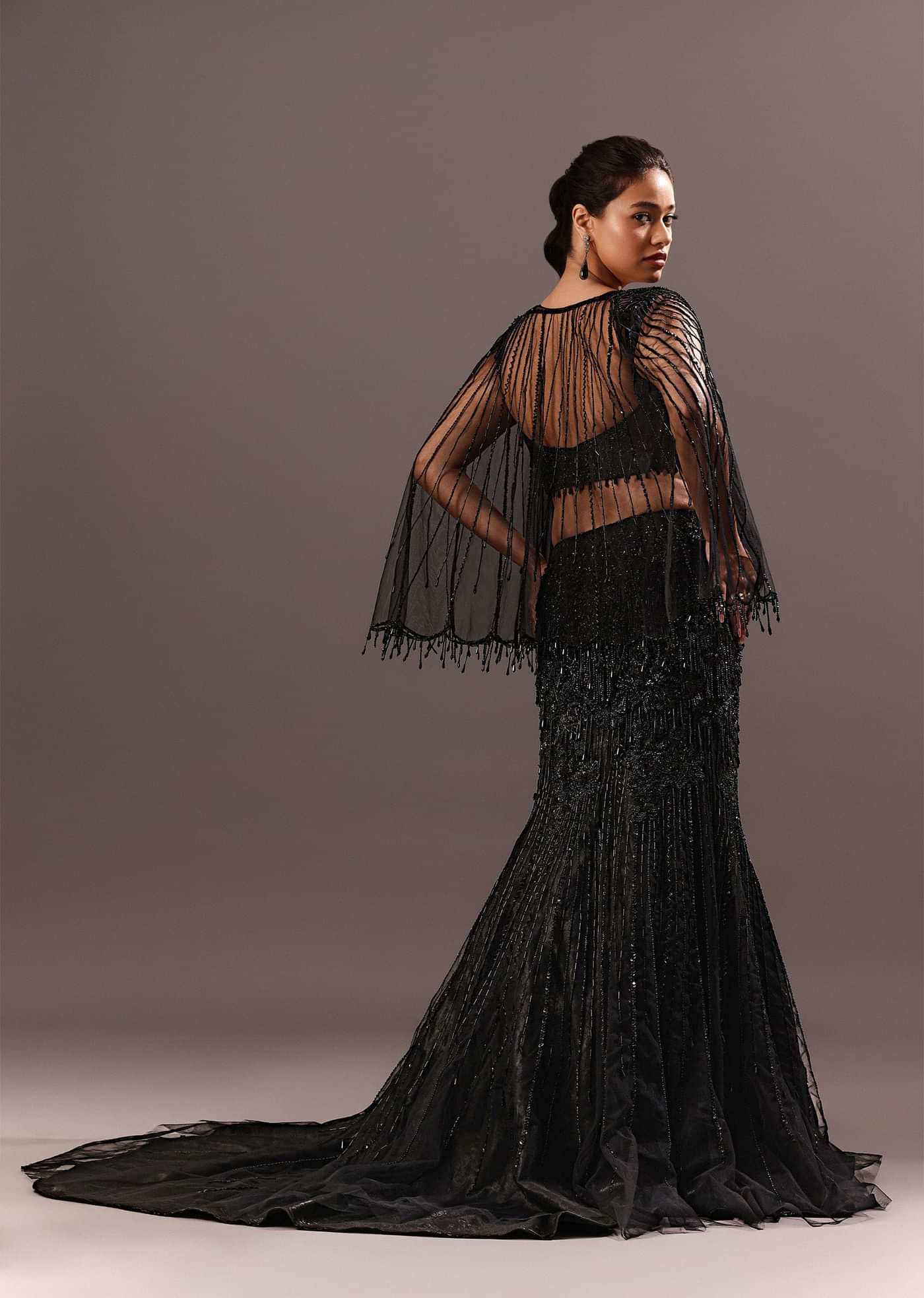 Black Embroidery Fish Cut Lehenga With Embroidered Blouse And Cape
